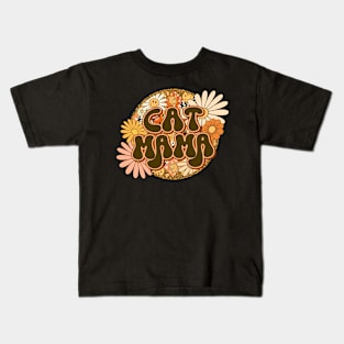 Cat Mama Retro Groovy Floral Leopard Kids T-Shirt